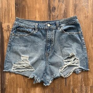 Blue High-Waisted Distressed Jean Shorts